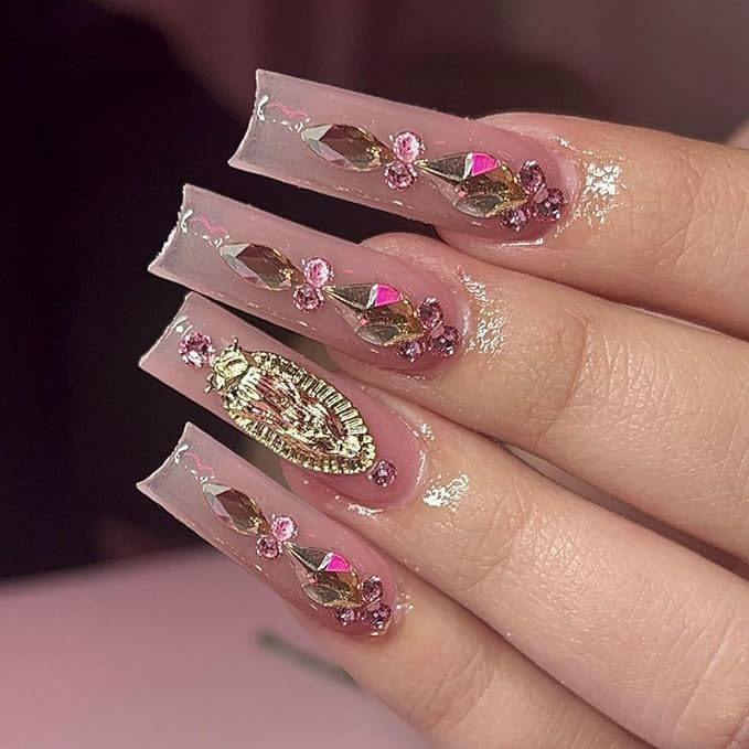 24Pcs Nude Pink Coffin Press on Nails Medium Square Fake Nails with San Judas Virgin Mary Rhinestones Gems Full Cover Glue on Nails Glossy Acrylic False Nails for Women DIY Stick on Nail Decorations