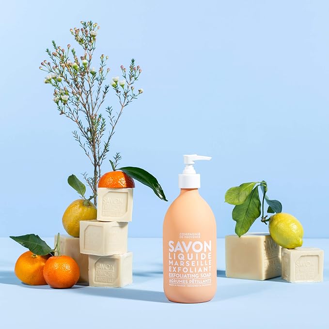 Compagnie de Provence Savon de Marseille Extra Pure Liquid Soap - Sparkling Citrus Exfoliating - 16.7 Fl Oz Glass Pump Bottle and 33.8 Fl Oz Plastic Bottle Refill