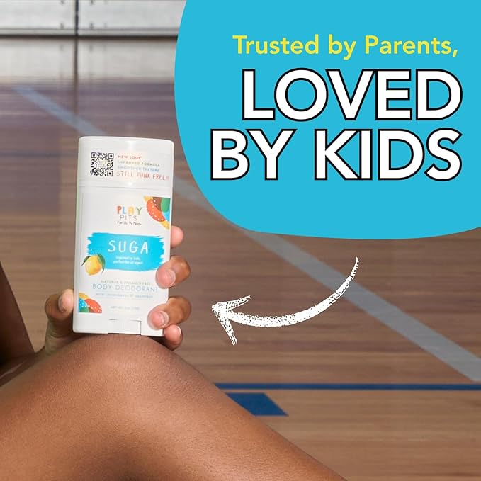 PLAY PITS - Kids Deodorant for Girls & Boys - Natural - Aluminum-Salt Free - Safe for Sensitive Skin - SUGA is Infused w/Lemon & Grapefruit Essential Oils - Non-Toxic & Paraben Free - 2.65oz - 2pk