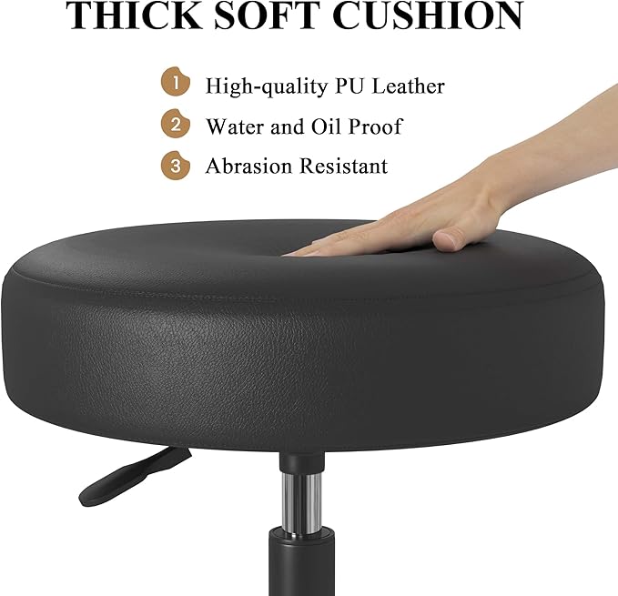 SHA CERLIN Rolling Stool with Wheels Swivel Shop Salon Chair Adjustable Drafting Massage Medical Tattoo Spa with PU Leather Cushioned, Black
