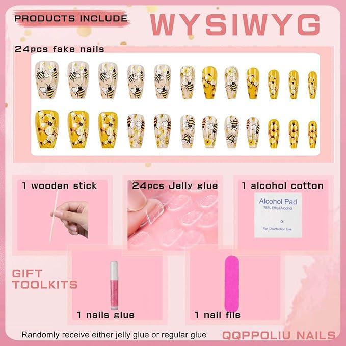 Short Press on Nail Coffin Fake Nails with Spring Pattern Design Yellow False Nails Cute Glue on Nails for Women and Girls 24pcs