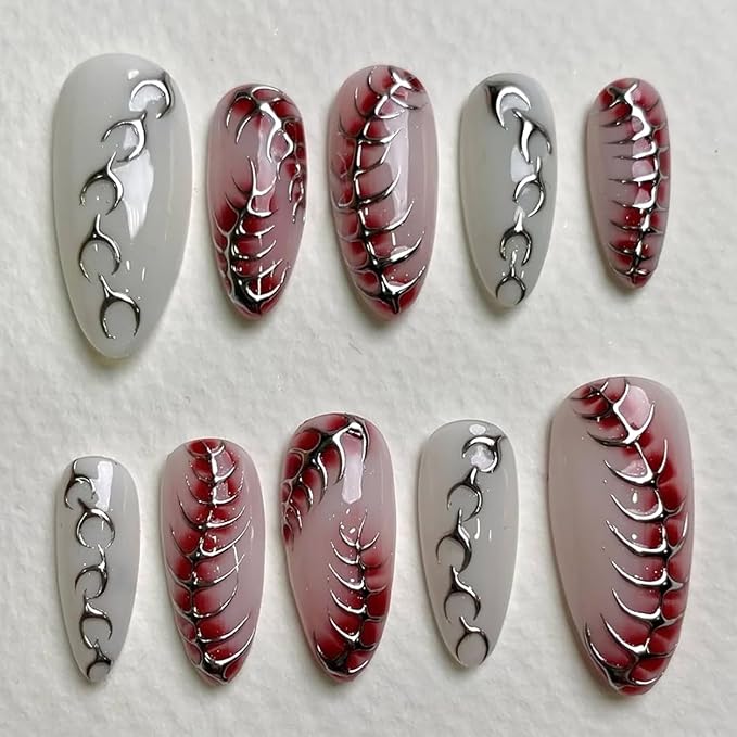 24Pcs Halloween Press on Nails Medium Almond Fake Nails with Red Silver Fishbone Design Gothic False Nails Full Cover Artificial Glue on Nails Halloween Glitter Stick on Nail for Women Acrylic Kit