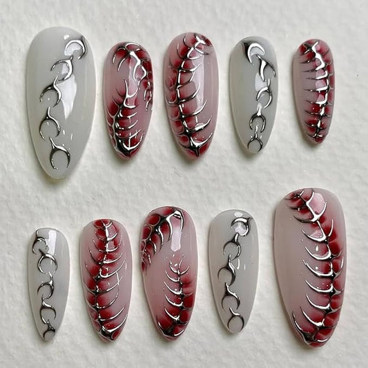 24Pcs Halloween Press on Nails Medium Almond Fake Nails with Red Silver Fishbone Design Gothic False Nails Full Cover Artificial Glue on Nails Halloween Glitter Stick on Nail for Women Acrylic Kit