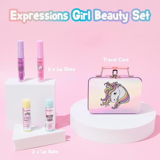 Expressions - 5pc Cosmetics Lip Kit For Kids w/Lip Glosses, Lip Balms & Tin Box Storage Case,I Believe in Unicorns Hologrpahic,Washable + Non Toxic