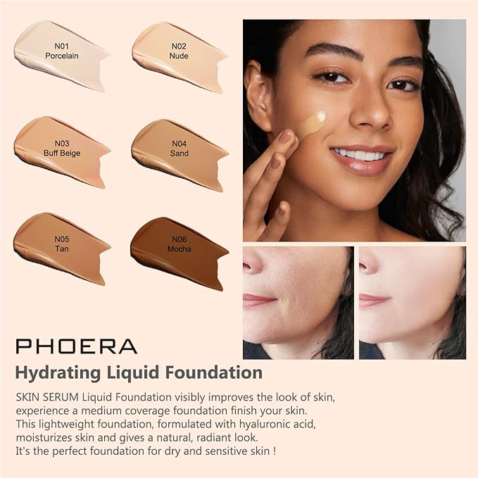 2024 New PHOERA Foundation Makeup for Mature Skin, (N01 Porcelain)