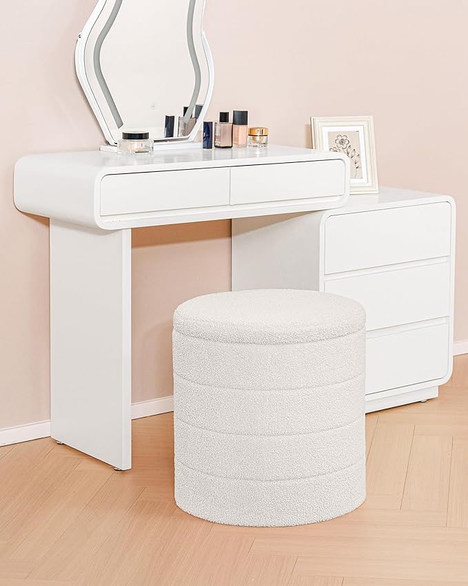 B FSOBEIIALEO Ottoman with Stroage, Round Sherpa Storage Ottoman Stool, Boucle Foot Rest 16.9"x16.9"x17.7"（White