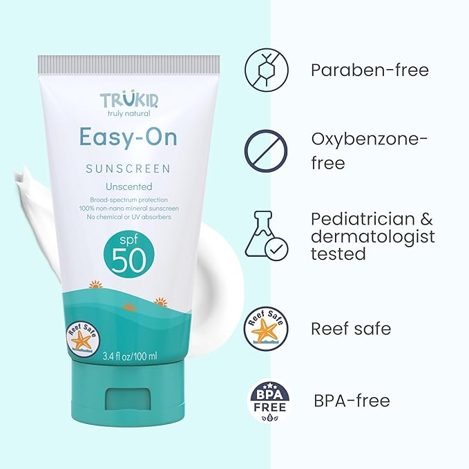 TruKid Easy On Mineral Sunscreen SPF 50 - Kids & Baby Sunscreen for Face & Body, Sunblock Protection for Sensitive Skin, Unscented, 3.4oz