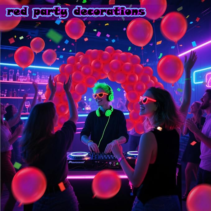 100 Pcs UV Neon Red Balloons 12 inch Neon Party Supplies, Balloons, Glow in the Dark for Birthday, Graduation, Baby Shower,Wedding, Anniversary Valentines Party Decorations