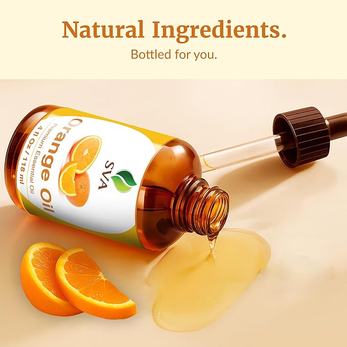 SVA Orange Essential Oil – 4 Fl Oz – 100% Natural Orange Oil - for Diffuser, Hair Care, Face, Skin Care, Aromatherapy, Scalp and Body Massage, Soap and Candle Making - with Dropper