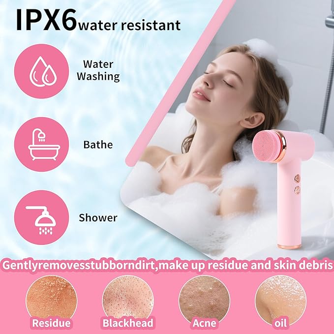 4 in 1 Facial Cleansing Brush, Multi Function Electrical Face Wash, Brush IPX6 Waterproof Portable Face Scrubber, 5 Speed Adjustable, 2 Rotation Directions Adjustable, Gift for Women Men (Pink)