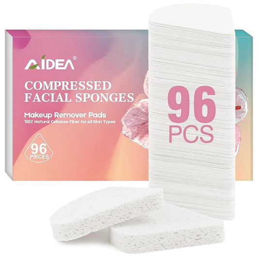 AIDEA 96Count Compressed Facial Sponges White, Reusable Makeup Remover Pads, Travel Essentials, Face Cleansing Pads, Natural Cellulose Cosmetic Spa Sponges for Facial Cleansing, Exfoliating Pads