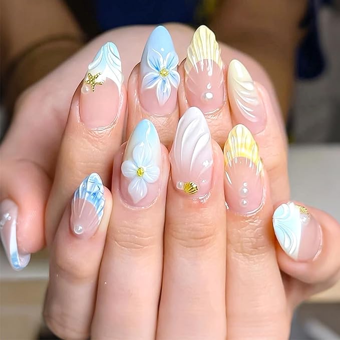 Summer Flower Press on Nails Medium Fake Nails with 3D Flower Ocean Starfish Shell Pearl Almond False Nail Blue French Glossy Acrylic Nails Cute Artificial Nail for Women Manicure 30Pcs