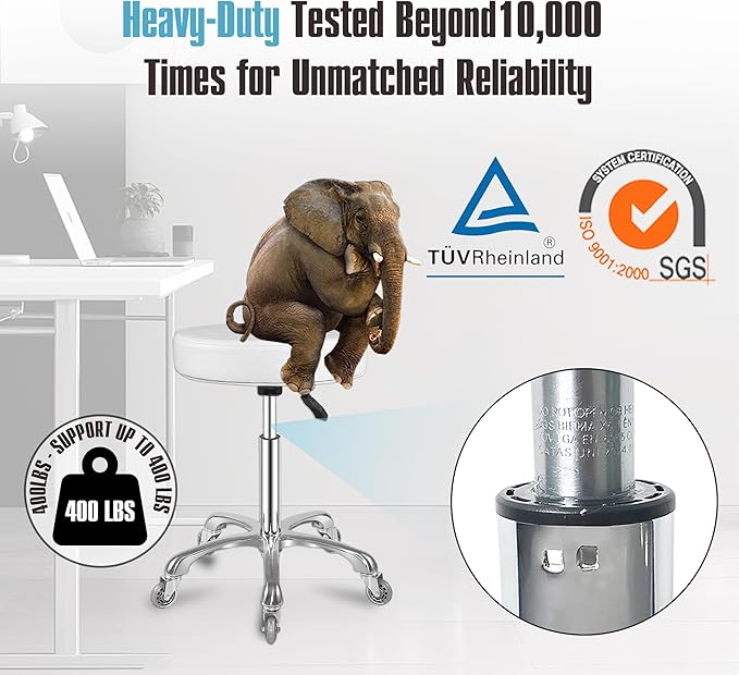 Rolling Stool with Wheels Adjustable Swivel Heavy Duty Hydraulic Stools Chair for Shop Guitar Lab Tattoo Workbench Medical (White)