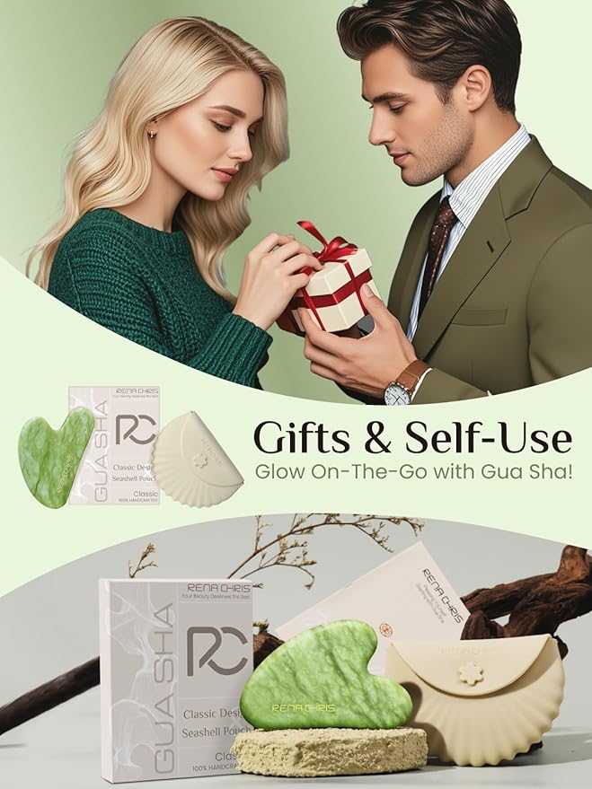 Rena Chris Gua Sha Facial Tools, Xiuyan Jade Stone Guasha Tool for Face Massage, Manual Facial Massager Tool for Jawline Sculpting and Puffiness Reduction with Silicone Case (Green)