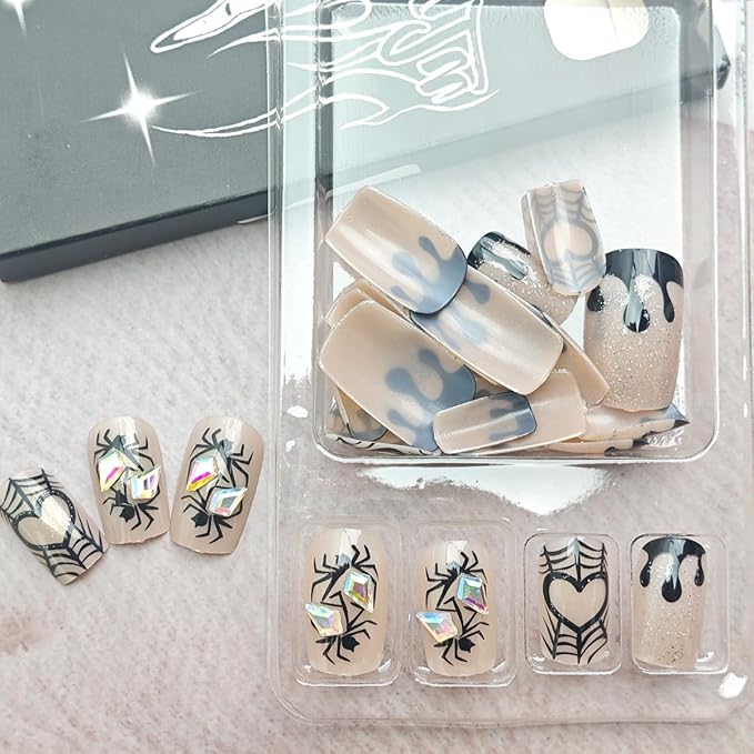 24Pcs Halloween Press on Nails Short Square Black Spider Fake Nails with Rhinestones Design Horror False Nails Bloody Drop Full Cover Artificial Tip Glue on Nail Holiday Goth Stick on Nail for Women