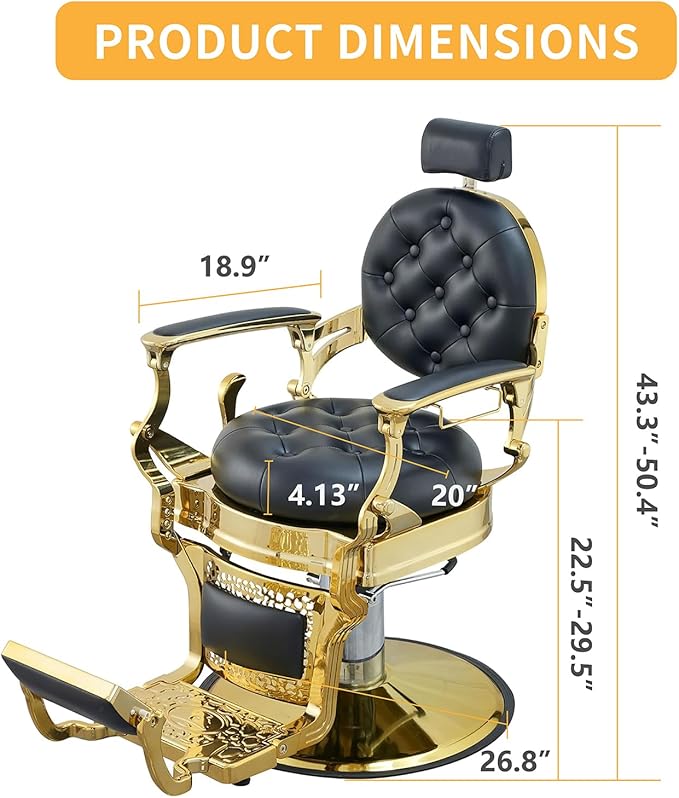 Heavy Duty Barber Chair 700LBS Capacity, Reclining 93°-160° Hydraulic Swivel Salon Chair with Adjustable Headrest & Flip Footrest, Ergonomic Faux Leather for Salon,Tattoo,Spa（Noble Gold）