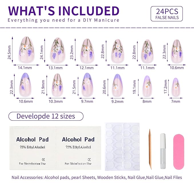 French Short Press On Nails Almond, Nude Fake Nails with Blue French Tip and Delicate Botanical Design, Glossy Gel Finish Acrylic Nails, Natural Reusable Glue On Nails Kit for Women, Serene Garden