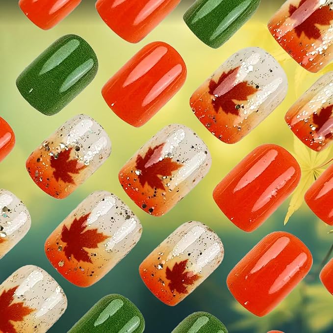 24Pcs Maple Leaf Press on Nails Thanksgiving Short Square False Nails Glossy Gold Foil Acrylic Fake Nail Fall Leaves Stick on Fingernails Autumn Orange Gradient Gel Glue on Nail for Coquette Women