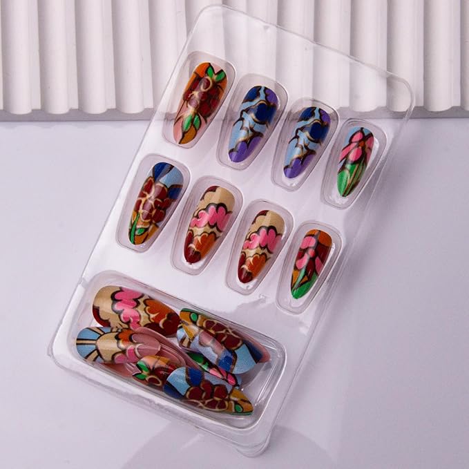 Press on Nails Almond Fake Nails Colorful False Nails with Gold Line Stripes Design Glossy Full Cover Glue on Nails Press ons Medium Acrylic Nail for Women Manicure 24Pcs