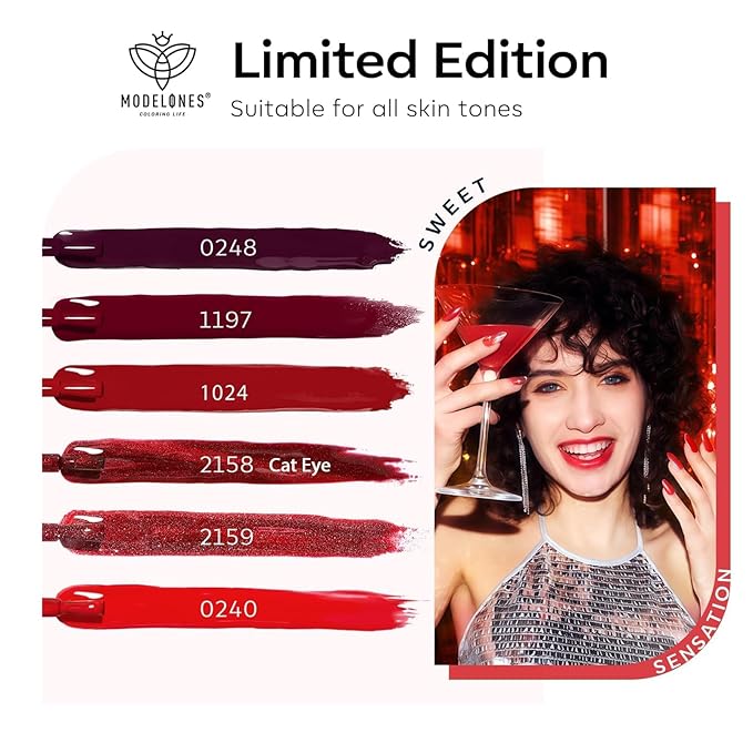 modelones Red Gel Nail Polish Set - 6 Colors 2025 Christmas Winter Ruby Glitter Cat Eye Magnetic Gel Polish Burgundy Red Sparkle Bloody Nail Polish Kit Soak Off LED Thanksgiving Nail Art DIY Gift