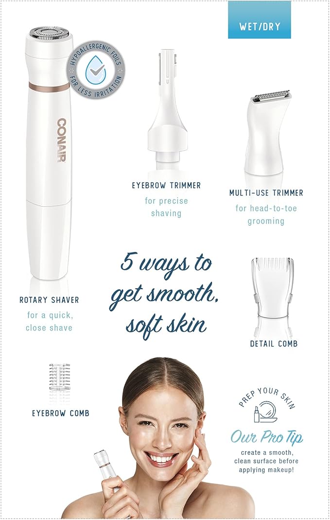 Conair All-In-1 Facial Hair Removal for Women, Cordless Electric Trimmer, Perfect for Face, Ear/Nose, Eyebrows, and Bikini Lines