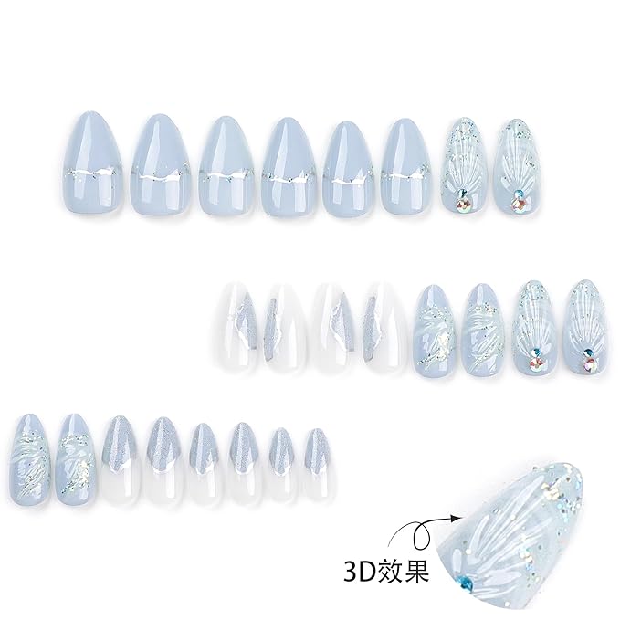 3D Shell Press On Nails – 24PCS Medium Almond White Iridescent Fake Nails with Rhinestones, Silver Chrome Mermaid Gel Design, Reusable Glossy Stick On Nails for Women