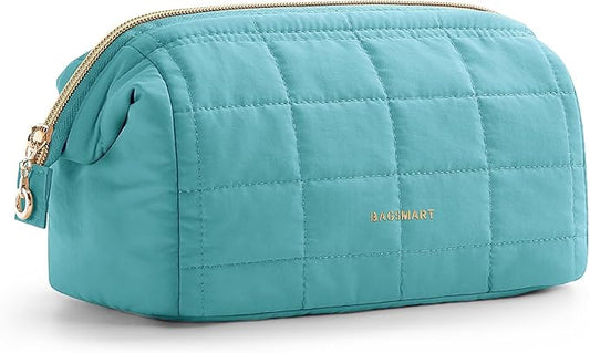 BAGSMART Makeup Bag Travel Cosmetic Bag, Puffy Padded Make Up Bags for Women Makeup Organizer Case, Wide-open Pouch Purse Travel Essentials Toiletries Accessories Brushes, Teal