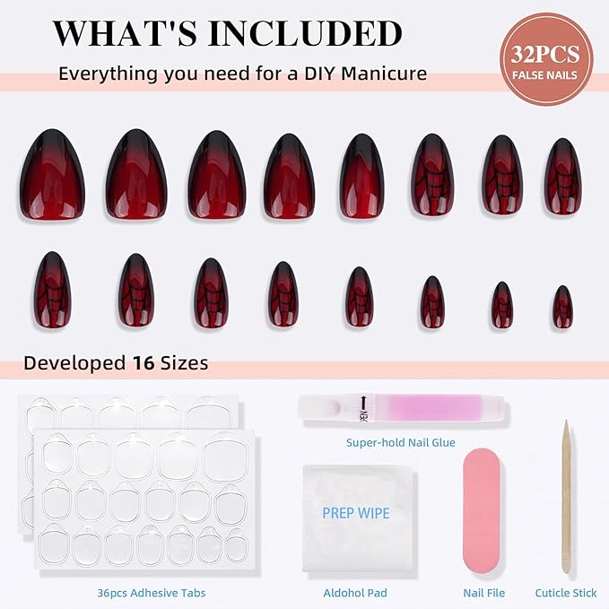Red Press on Nails, Short Press on Nails Almond Reusable Glossy Cat Eye Nails Soft Gel False Nails Web Press ons for Women, 16 Sizes 32 Count Nails Kit with Glue (SV-10)