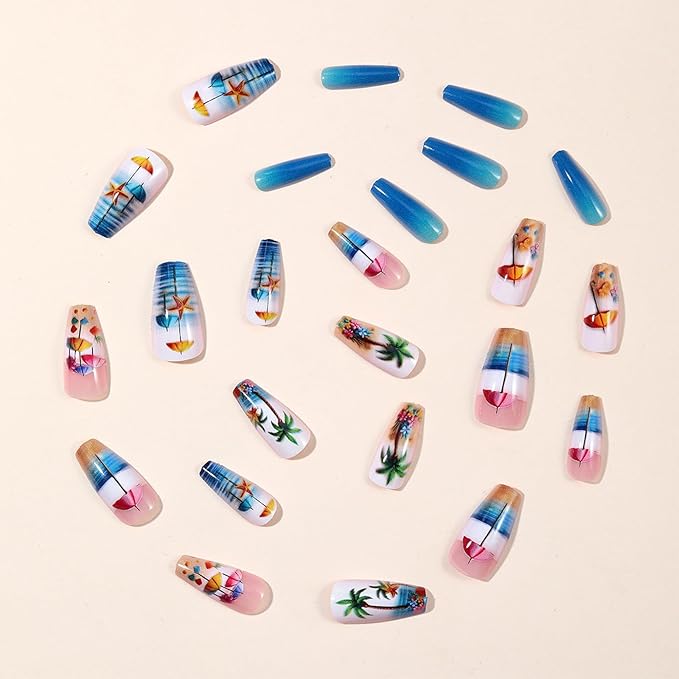 Summer Beach Press on Nails Sea Stars Stick on Nail Ocean Acrylic Full Cover Fake Nails 24Pcs Glossy Colorful Medium Coffin False Nail Coconut Tree Gel Glue on Fingernails for Holiday Manicure Art
