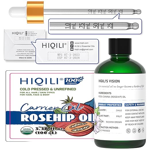 HIQILI 3.38 Fl Oz Organic Rosehip Seed Oil for Face, 100% Pure and Natural, Cold Pressed, Carrier Oil for Skin, Hair & Nails - Women & Men