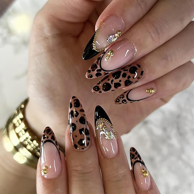 Leopard Press on Nails Almond Medium French Tip Fake Nails with Gold Chain Steel Beads Charms Glossy Acrylic False Nail Cheetah Print Nails Full Cover Stick on Nail for Women 24Pcs
