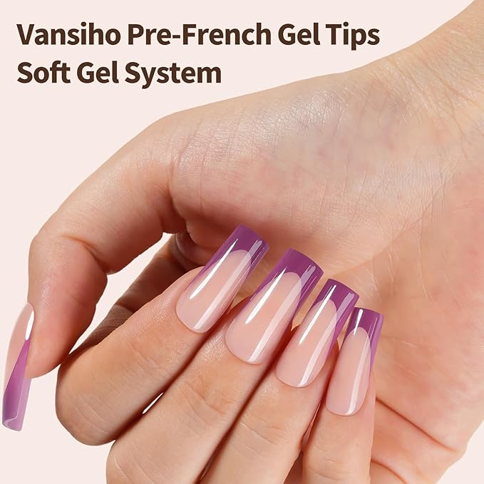 150Pcs French Gel Nail Tips, Vansiho Long Square Nail Tips, Purple Pre-French Tips Press on Nails, Soak Off Soft Gel Acrylic Fake Nails for Nail Art DIY 15 Sizes