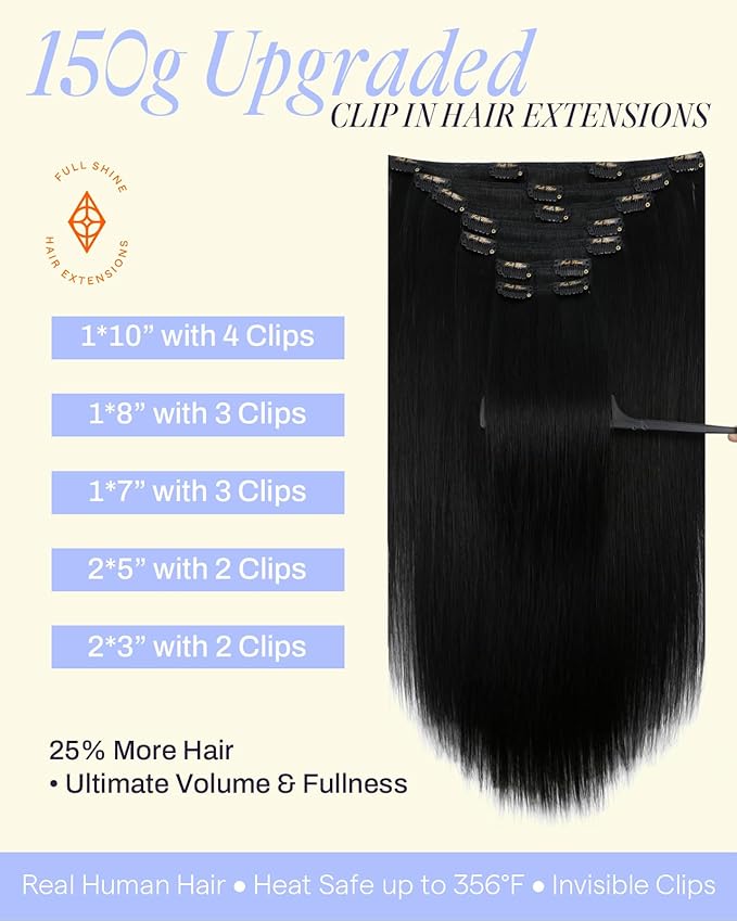 Full Shine Clip in Hair Extensions Black Women 24 Inch Jet Black Real Human Hair Extensions Clip ins 150 G 7 Pcs