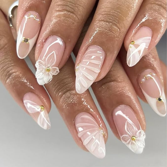 24pcs 3D Flower Press on Nails Medium Almond Fake Nails with Pearl Designs White French Tip False Nails Ribbon Stick on Nails Summer Floral Full Cover Acrylic Nails Glue on Nails for Women