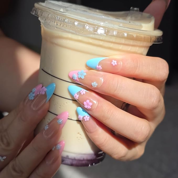 Pink Blue French Tip Press On Nails Flower Medium Almond-3D Floral Handmade Nude-Salon Gel Acrylic Full Set 10pcs Reusable(Floral Fantasy, Size S)