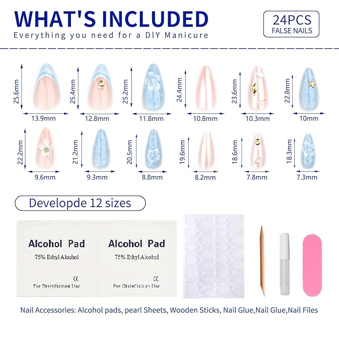 Almond Press on Nails Medium Fake Nails 3D Flower French Tip False Nails Stick on Nail Water Ripple Glossy Glue on Nails Gold Starfish Floral Full Cover Artificial Acrylic Nail for Women Kit 24PCS