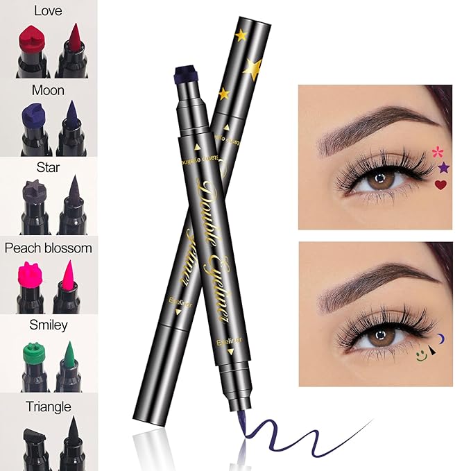 6 PCS Double-Head Liquid Stamp Eyeliner, Colored 6 in 1 Stars Flowers Hearts Moon Smiley Face Triangle Stamps Makeup Stamp Set, Waterproof Slim Gel Felt Tip Liquid Eyeliner, Halloween Makeup