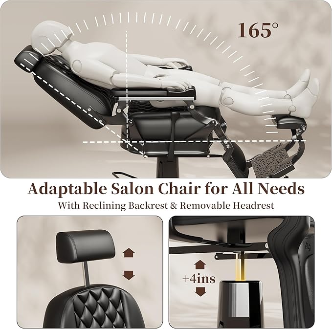 Baasha Retro Reclining Barber Chair, Ergonomic All-Purpose Salon Chair with Thick Cushion & Adjustable Headrest, Heavy-Duty Design, 550 lbs Support