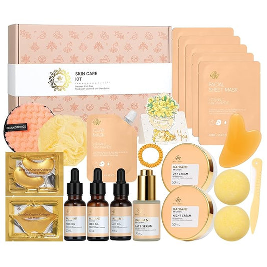 Orange 23 Pcs Facial Skin Care Set for Women & Men, Bath and Body Kit, Spa Gift Baskets, Birthday Gifts For Women, Cream, Serum, Face Oil, Sheet Mask, Clay Mask, Christmas, Valentines, Mother Day