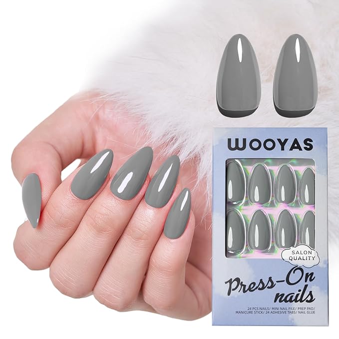 Glossy Grey Press On Nails, WOOYAS Solid Color Fake Nails Almond Medium Shaped Glue On Nails Full Cover Stick On Nails with Nail Glue Reusable False Nails for Women Gift
