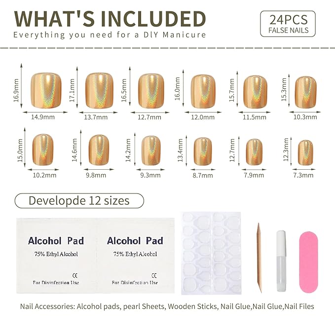 Gold Holographic Press On Nails, Short Chrome Glue On Nails for Women, Metallic Golden Fake Nails with Iridescent Glow, Press On Nails Short Square Shape, Color-Shifting Aurora Effect, 24 Pcs