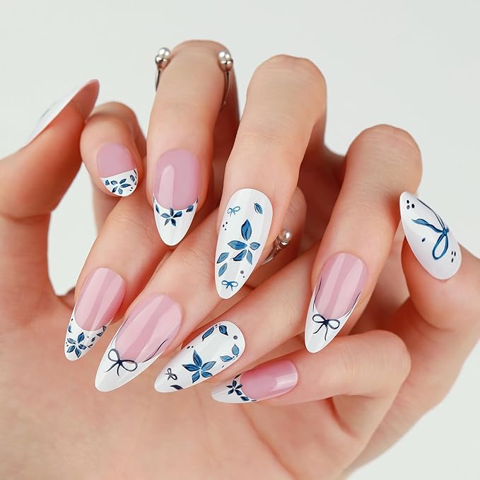 French Tips Press On Nails Short Almond, Flower Bird Bow Sticke On Nail, Floral Designer Reusable Acrylic Nails Press Ons, Fake Nails With Glue On Nail, Daily Wea False Nail For Women