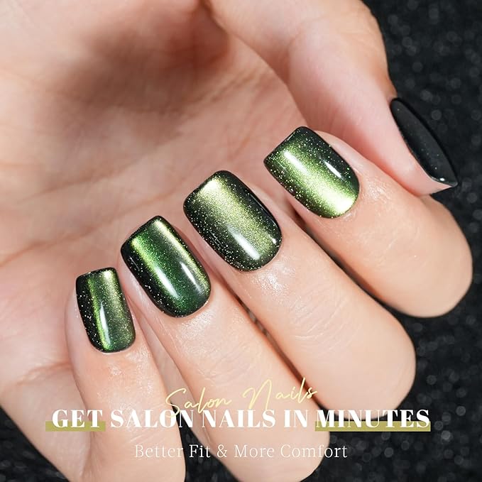 Cat Eye Press on Nails Short, Jofay Fashion Olive Green Press on Nails, Soft Gel Fake Nails, Reusable & Natural Acrylic False Nails, Stick on Nails for Women Girls Gift, Glue on Nails Kit 32Pcs