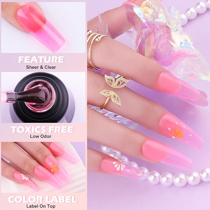Jelly Gel Polish, 20 Colors Trendy Neon Jelly Gel Nail Polish Kit Glossy Crystal Transparent Gel Polish Nude Pink Purple Green Blue Yellow Red Colors Nail Polish Set Soak Off UV LED