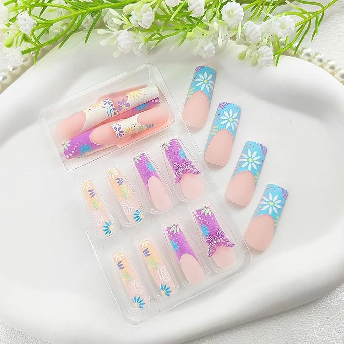 Long Press on Nails Square Colorful Fake Nails with Color Flower Designs 5D Butterfly Glue on Nails Light Pink Matte False Nails Extre Long Square Acrylic Nails Press ons for Girls 24Pcs