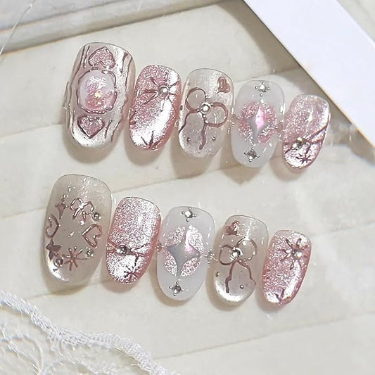 30Pcs Pink Press on Nails Medium Almond Fake Nails with Glitter Designs Stick on Nails Cute Heart Bow False Nails Gold Star Acrylic Nails Full Cover Glue on Nails for Women Nail Decoration Supplies