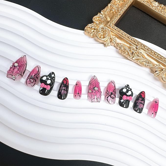 30 Pcs Halloween Press on Nails Medium Almond Fake Nails with 3D Skull Spider Web Rhinestones Designs Spider False Nail Tips Ghost Acrylic Nails Black Pink Full Cover Glue on Nails for Women