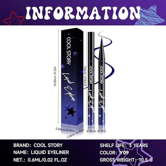 COOL STORY Liquid Eyeliner Waterproof Smudge Proof Eye Liner, 24H Long-Lasting, 0.6ml/0.02 fl.oz (Blue)