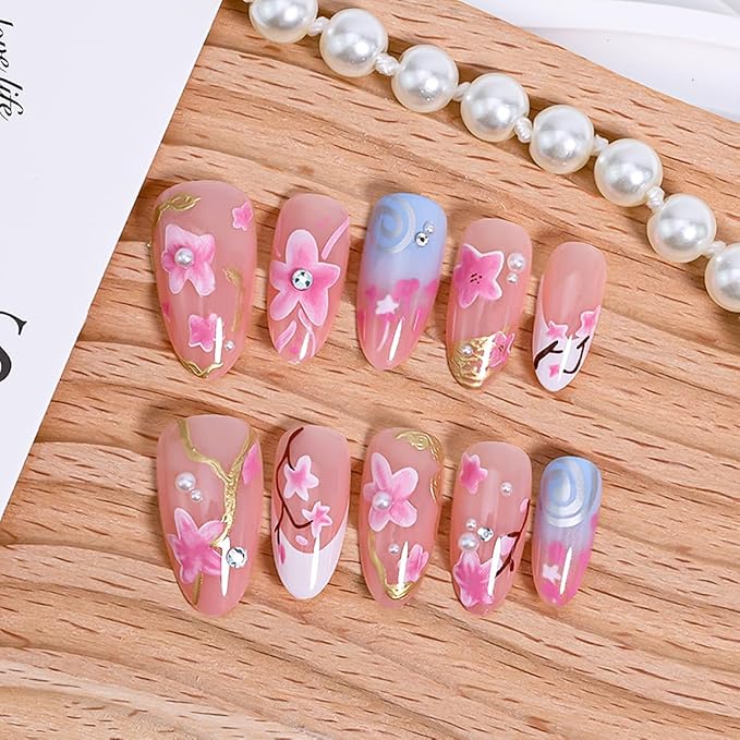 30Pcs Summer Almond Press on Nails with Cherry Blossom Pearl Rhinestones Gold French Tips Reusable Fake Nails for Wedding Party, Flowers Nail Art Set, DIY Long Pink Acrylic False Nails for Daily Wear