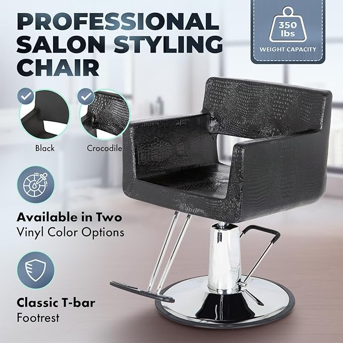 Buy-Rite Rosa Styling Chair for Salons & Barbershops - Crocodile Black, 23" Heavy-Duty Chrome Base, Wide Seat, Hydraulic Pump, No-Crevice Design, Armrests - YLG-308-CROC